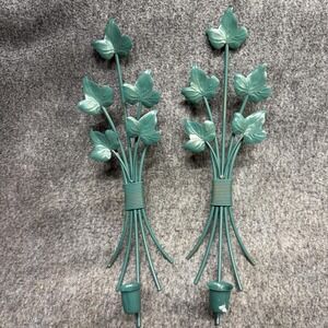Pair Of Vtg Ivy Leaf Candlestick‎ Wall Sconces Candle Holders Green Metal 16.5"